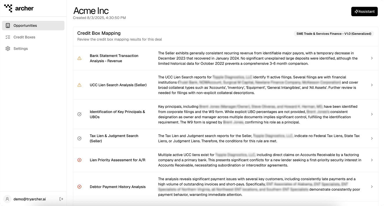 Archer product demo showing credit memo generation